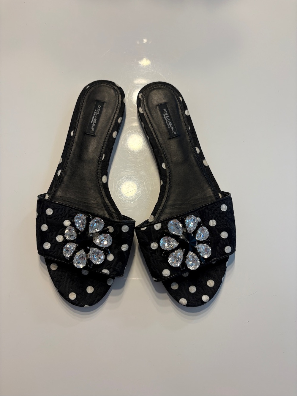 Dolce & Gabbana Black and White Polka Dot Crystal Slide Mules
